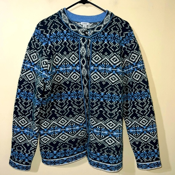 Vintage L.L. Bean Blue Nordic Kingfield Button Front Cardigan Sweater Large - Picture 1 of 4